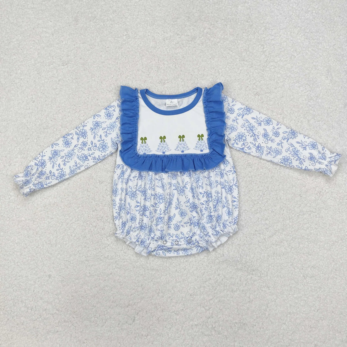 Blue Bow With Ruffles Blue Floral Christmas Tree Ruffle Bubble Romper – Saltwater Threads